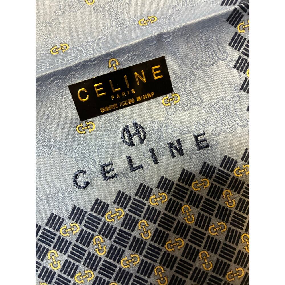 Celine Paris Handkerchief Scarf Blue/Grey Geometric Border Cotton Pocket Square - Picture 5 of 7
